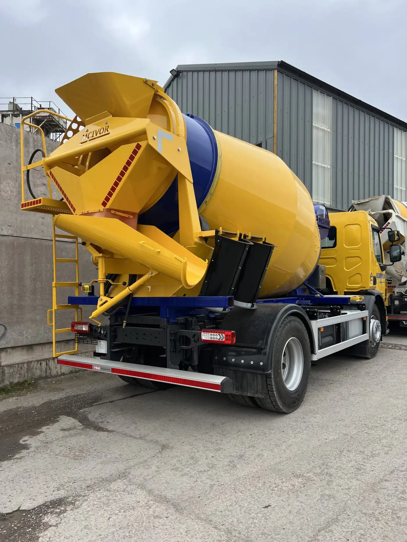 Rear view of truck mixer showing drum