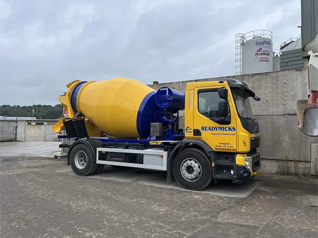 Mixer truck full view showing drum and chassis